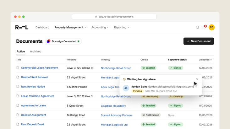 Re-Leased Docusign integration showing live e-signature status in the Documents Hub